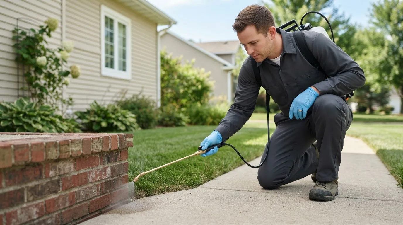 Pest control technician treating a home near Huffman, TX